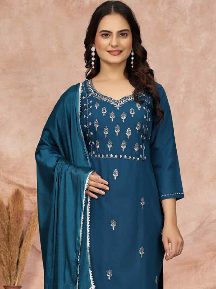 Teal Cotton Blend Embroidered Festival Casual Ready Pant Salwar Kameez