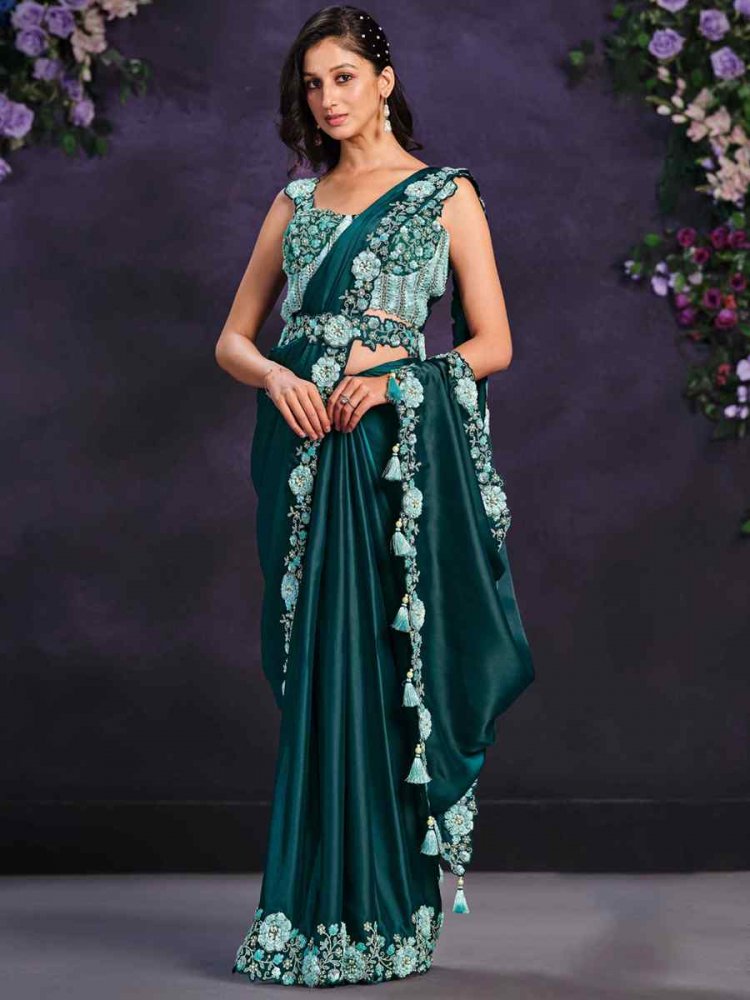 Teal Crepe Satin Silk Embroidered Wedding Party Heavy Border Saree