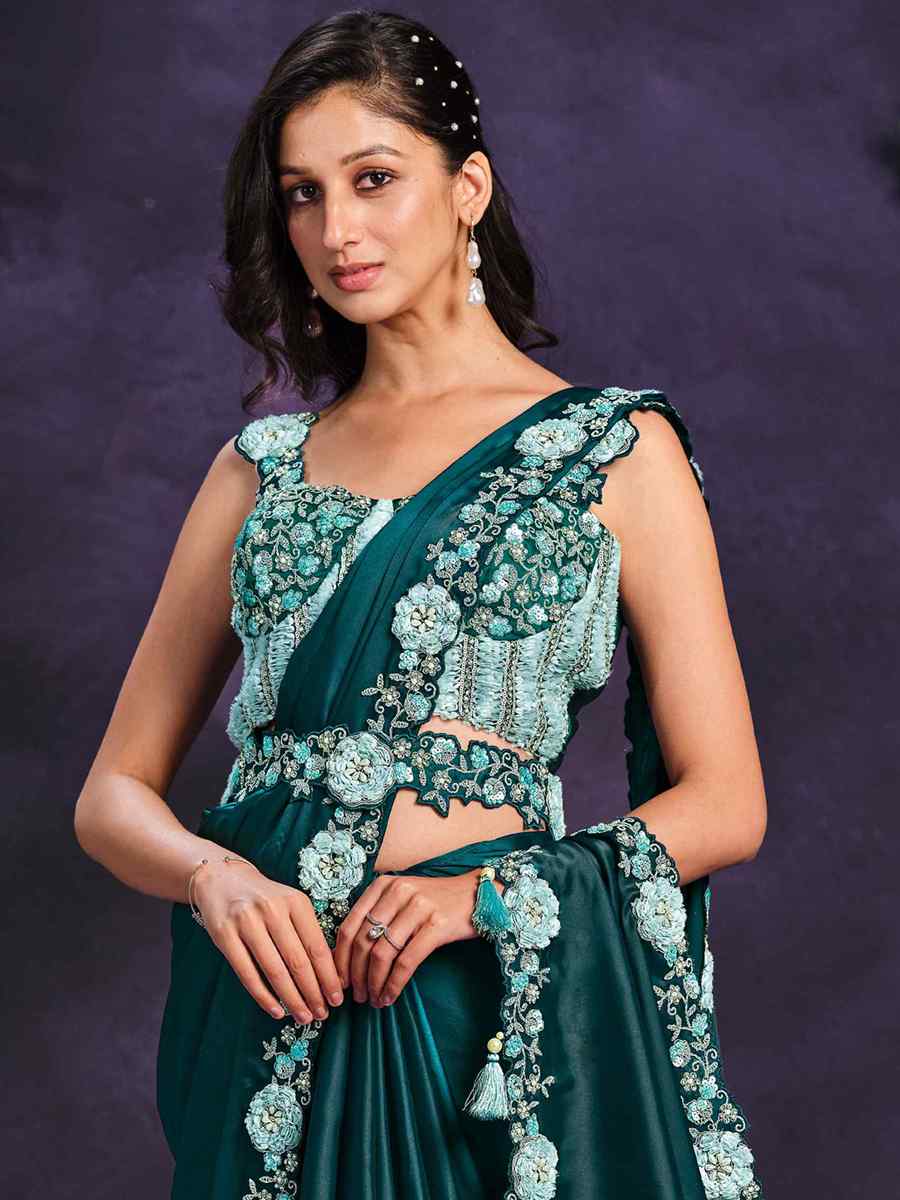 Teal Crepe Satin Silk Embroidered Wedding Party Heavy Border Saree