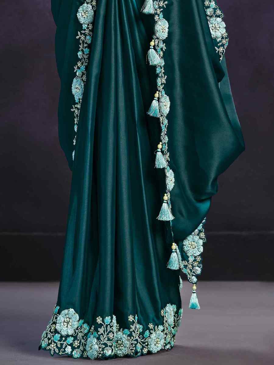 Teal Crepe Satin Silk Embroidered Wedding Party Heavy Border Saree