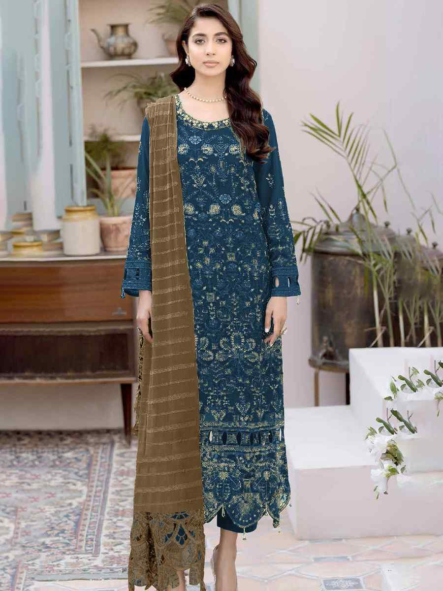 Teal Faux Georgette Embroidered Festival Wedding Pant Salwar Kameez