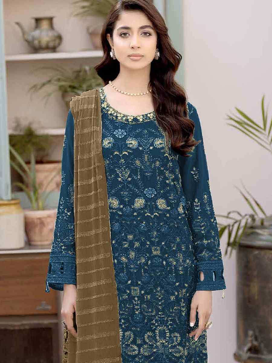 Teal Faux Georgette Embroidered Festival Wedding Pant Salwar Kameez