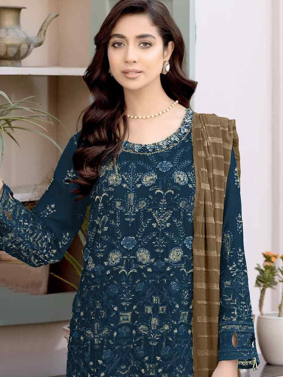 Teal Faux Georgette Embroidered Festival Wedding Pant Salwar Kameez