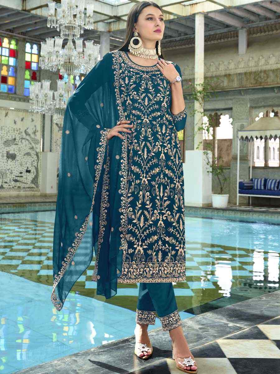 Teal Faux Georgette Embroidered Festival Wedding Ready Pant Salwar Kameez