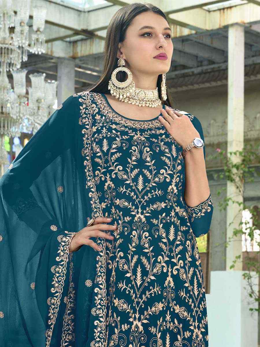 Teal Faux Georgette Embroidered Festival Wedding Ready Pant Salwar Kameez