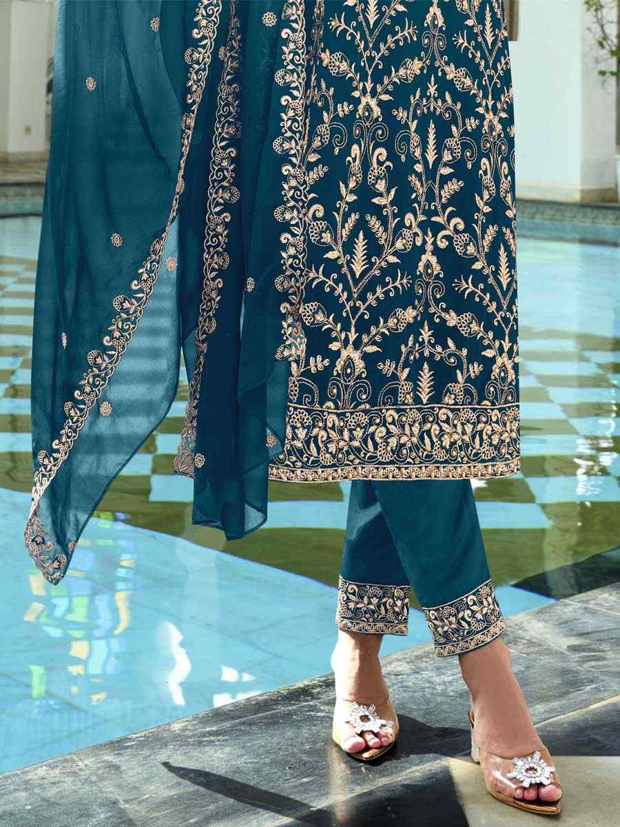 Teal Faux Georgette Embroidered Festival Wedding Ready Pant Salwar Kameez