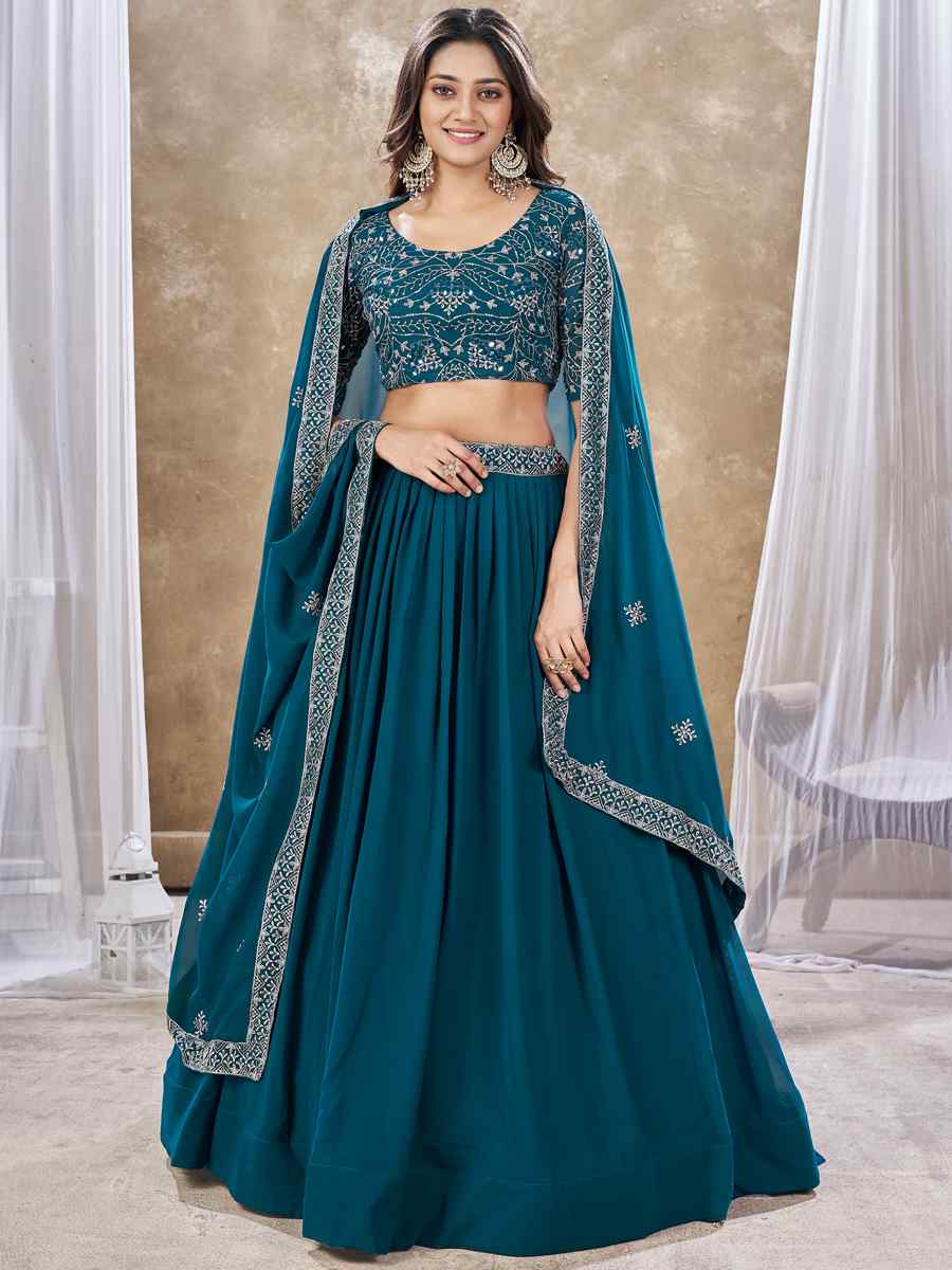 Teal Faux Georgette Embroidery Reception Party Wear Heavy Border Lehenga Choli