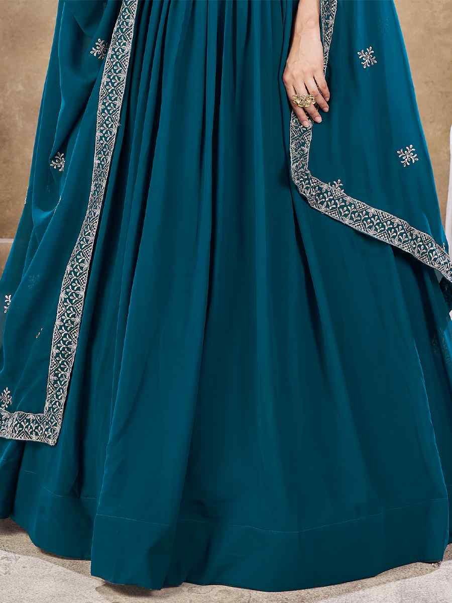 Teal Faux Georgette Embroidery Reception Party Wear Heavy Border Lehenga Choli