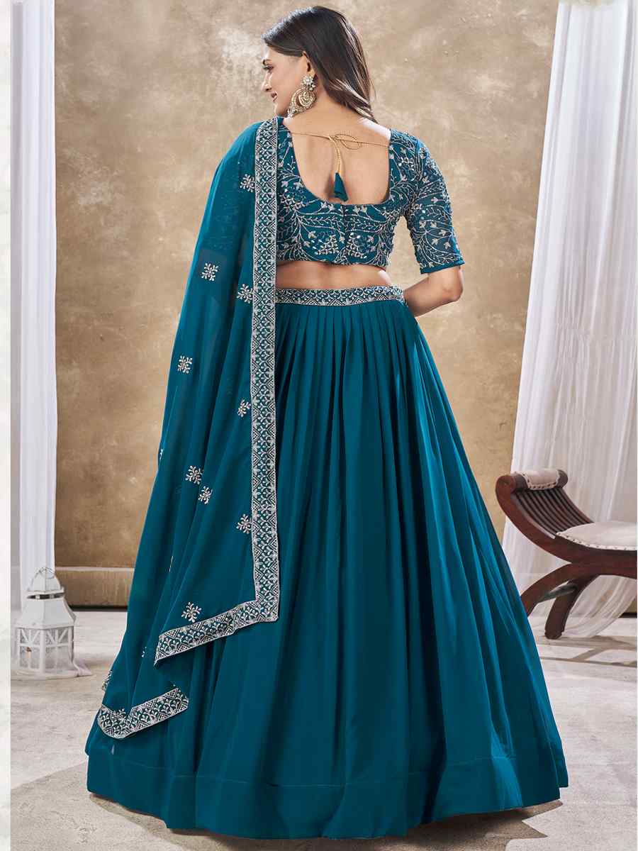 Teal Faux Georgette Embroidery Reception Party Wear Heavy Border Lehenga Choli