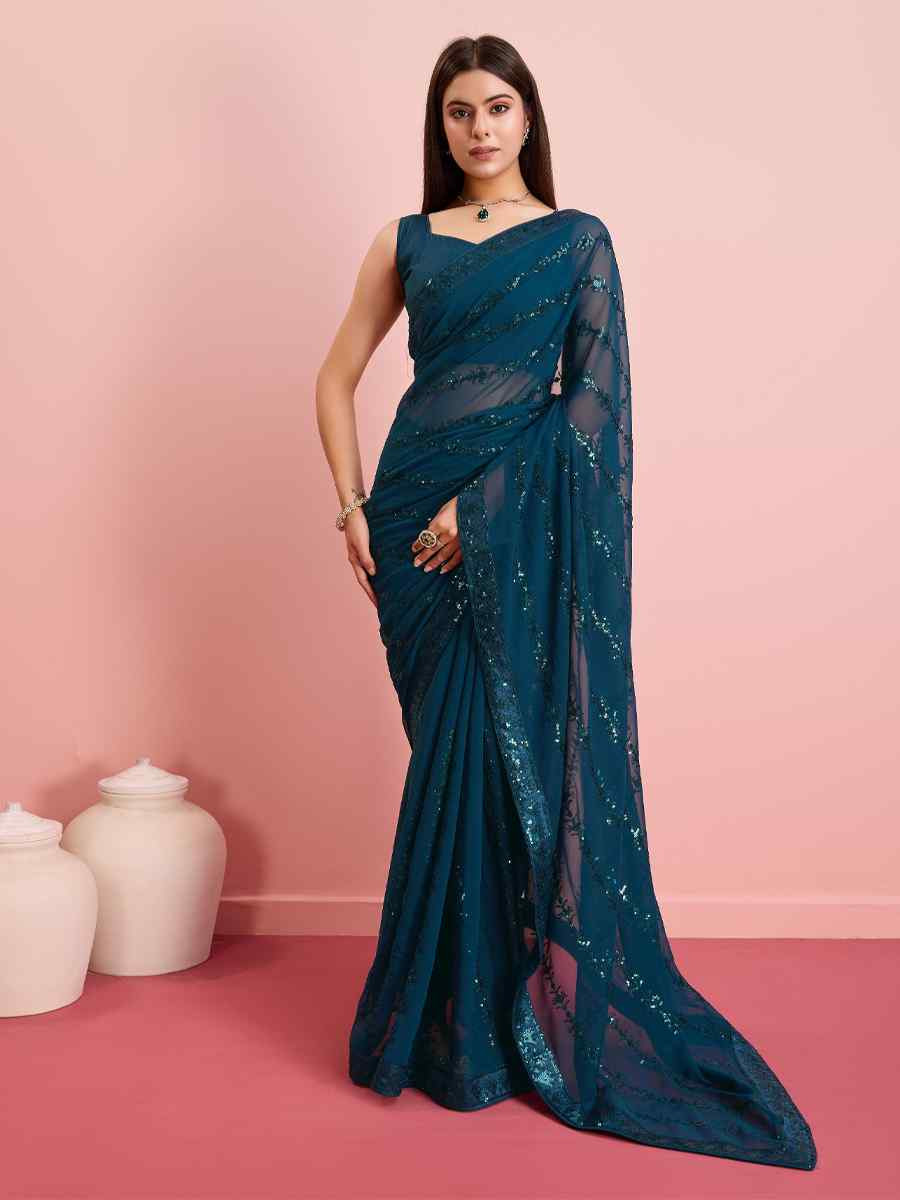 Teal Georgette Embroidered Festival Party Classic Style Saree