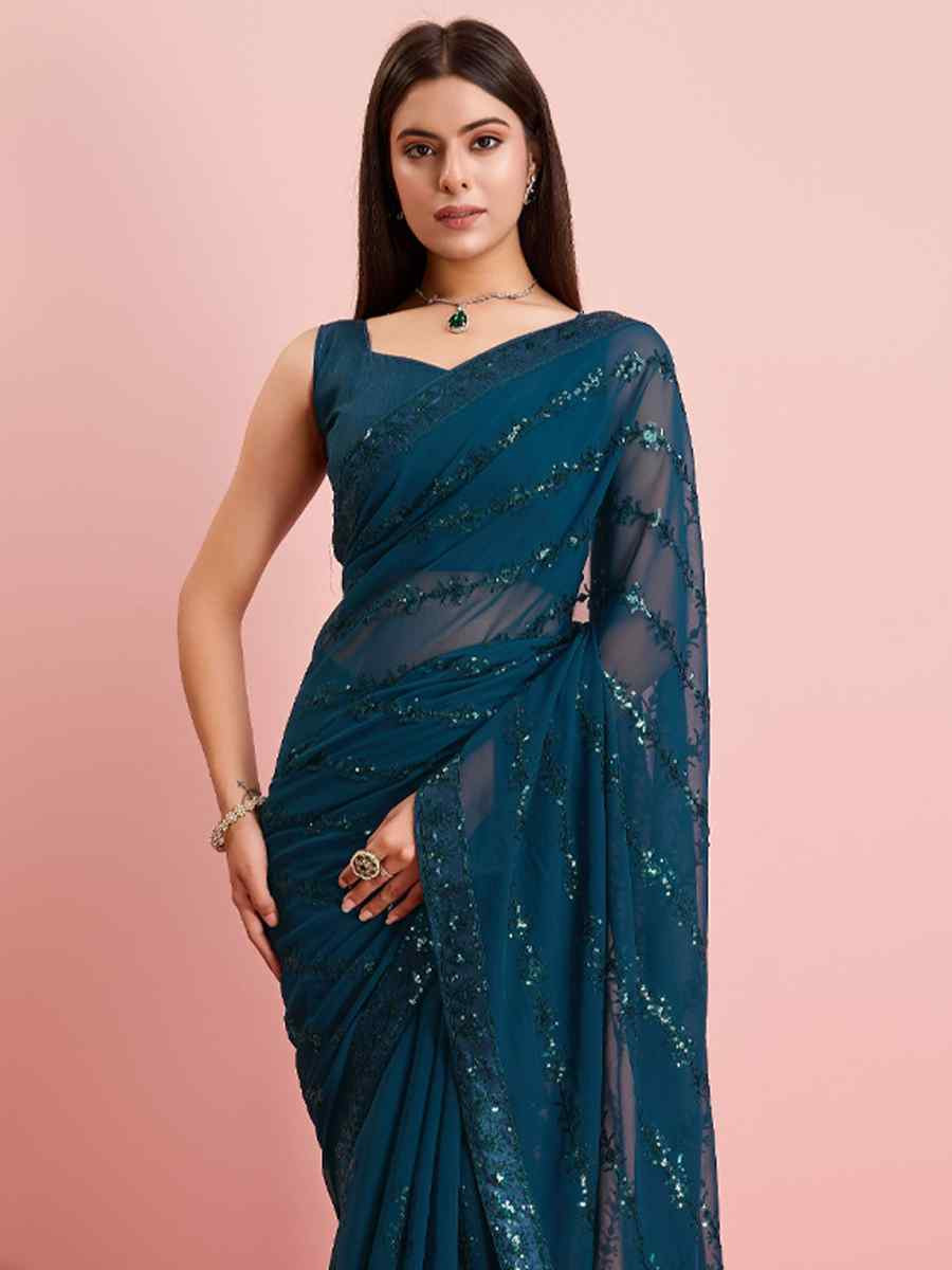 Teal Georgette Embroidered Festival Party Classic Style Saree