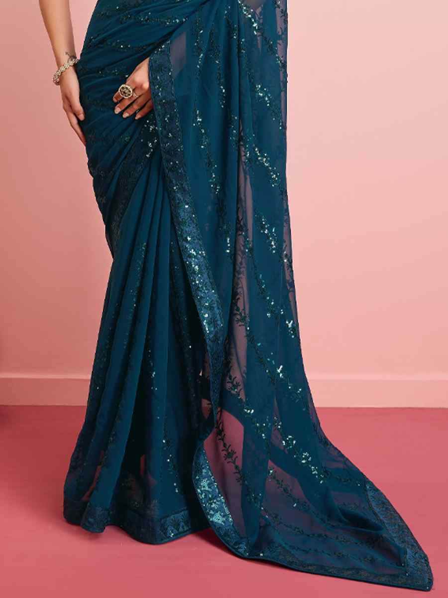 Teal Georgette Embroidered Festival Party Classic Style Saree