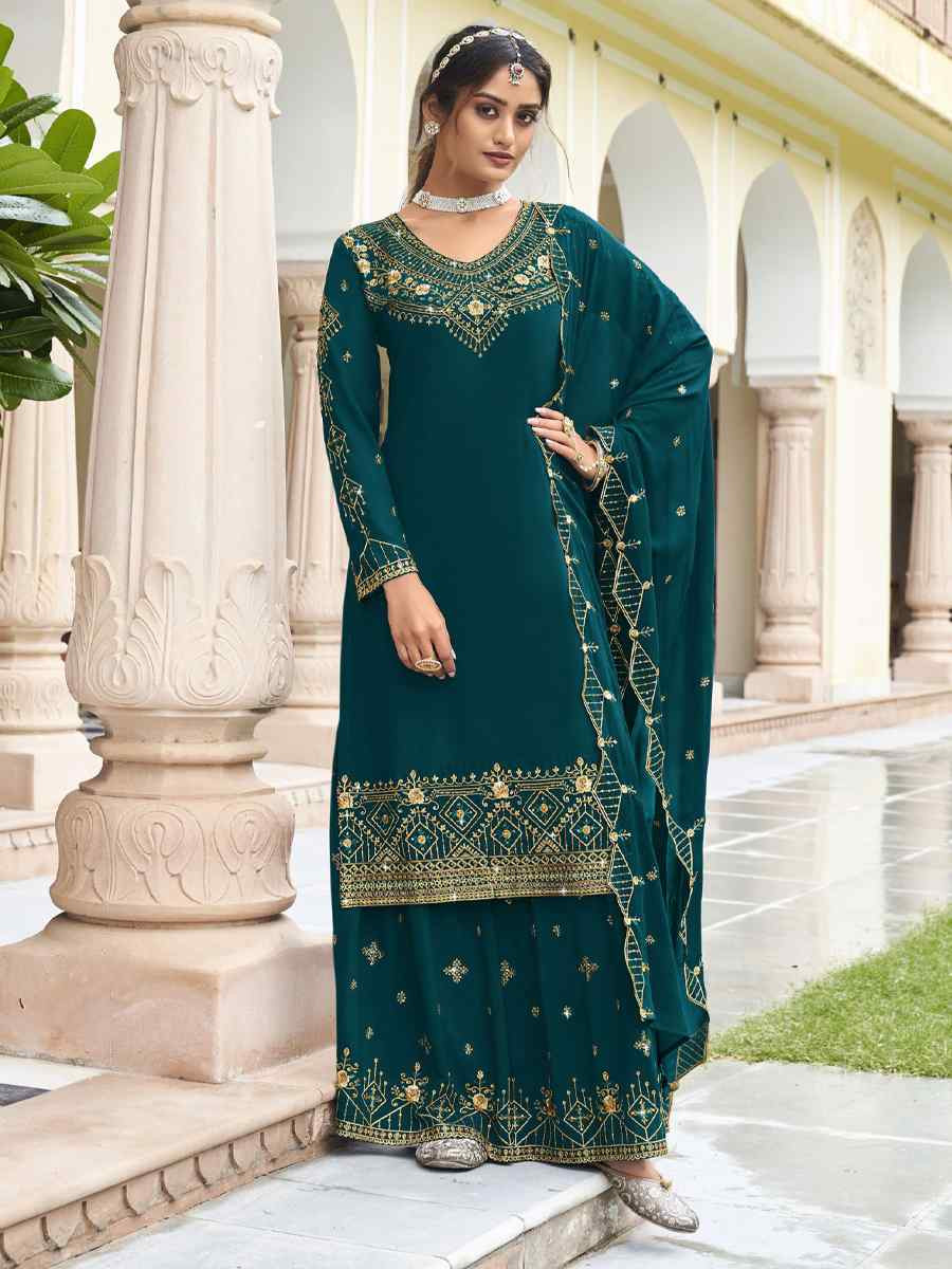 Teal Georgette Embroidered Festival Wedding Palazzo Pant Salwar Kameez