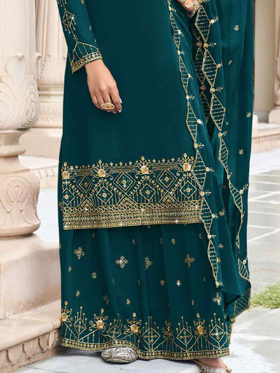 Teal Georgette Embroidered Festival Wedding Palazzo Pant Salwar Kameez