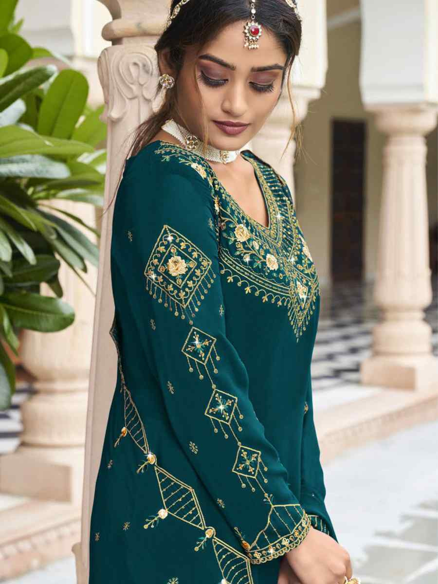 Teal Georgette Embroidered Festival Wedding Palazzo Pant Salwar Kameez