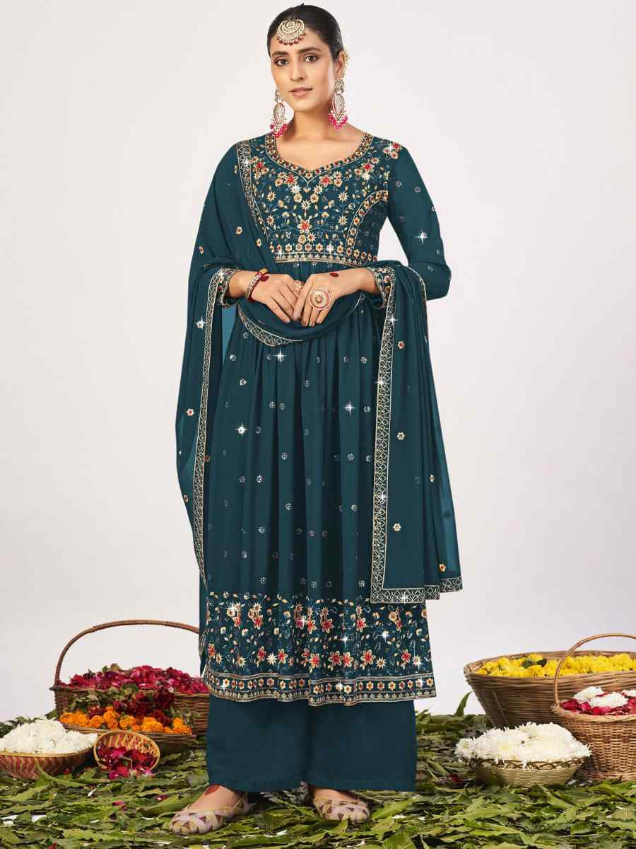 Teal Georgette Embroidered Festival Wedding Palazzo Pant Salwar Kameez