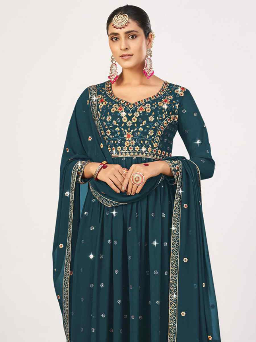 Teal Georgette Embroidered Festival Wedding Palazzo Pant Salwar Kameez