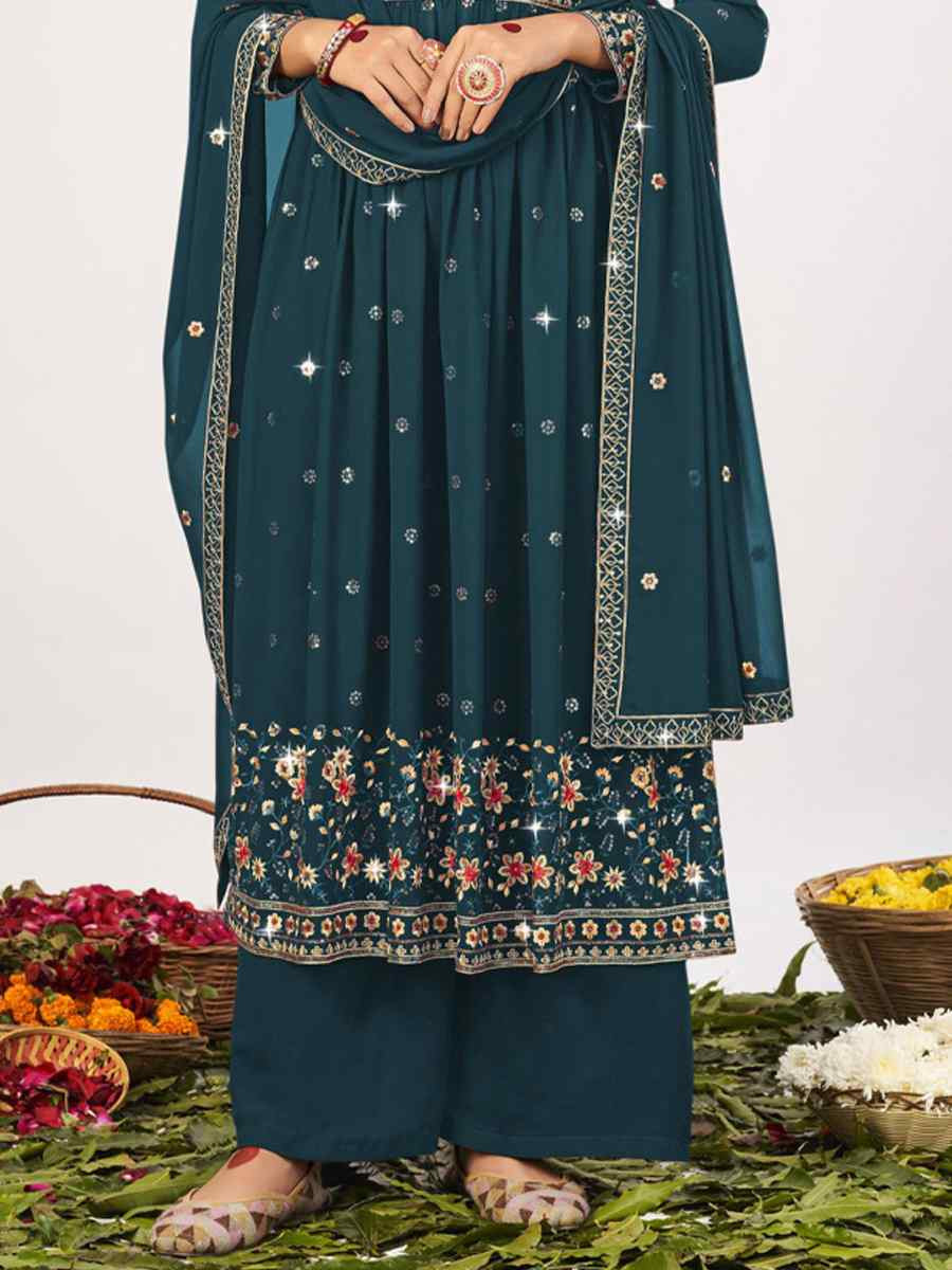 Teal Georgette Embroidered Festival Wedding Palazzo Pant Salwar Kameez