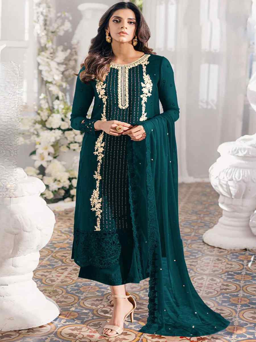 Teal Georgette Embroidered Festival Wedding Pant Salwar Kameez