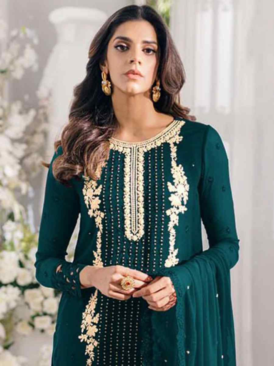 Teal Georgette Embroidered Festival Wedding Pant Salwar Kameez