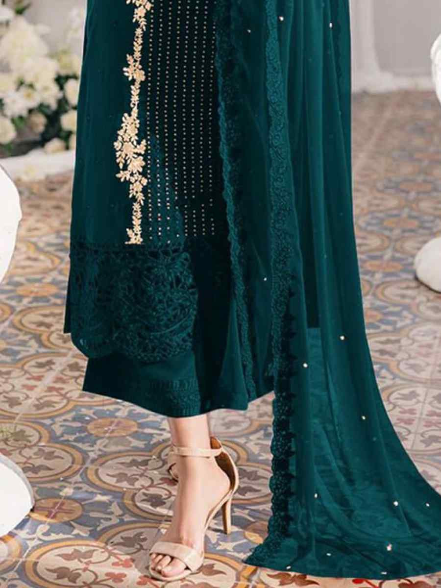 Teal Georgette Embroidered Festival Wedding Pant Salwar Kameez