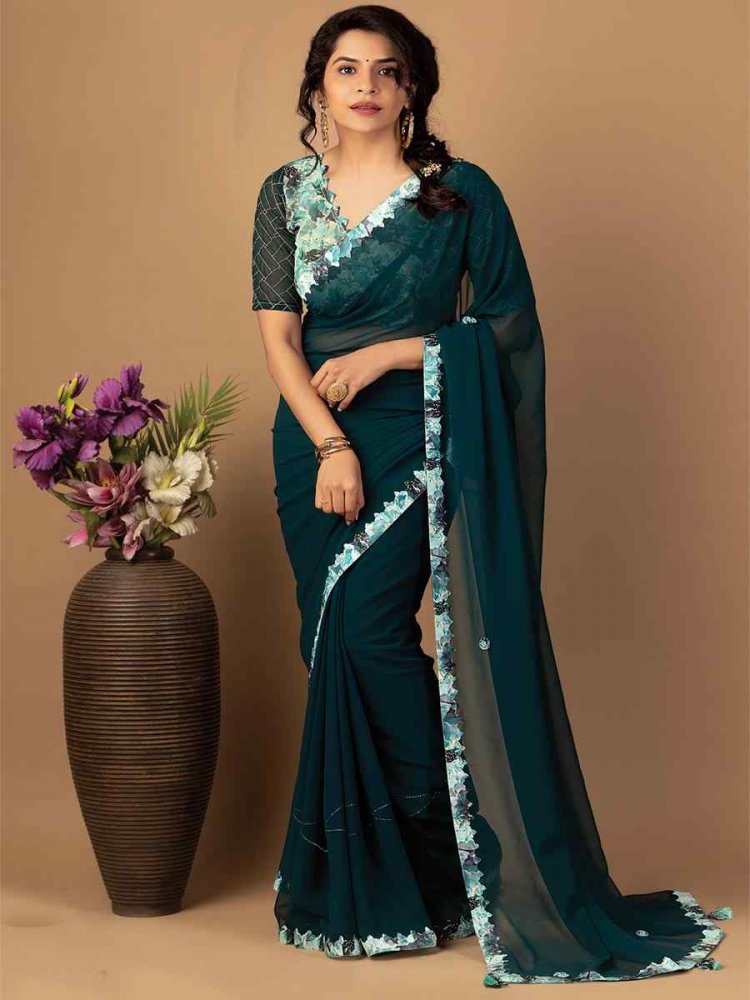 Teal Grean Bamber Georgette Handwoven Casual Festival Heavy Border Saree