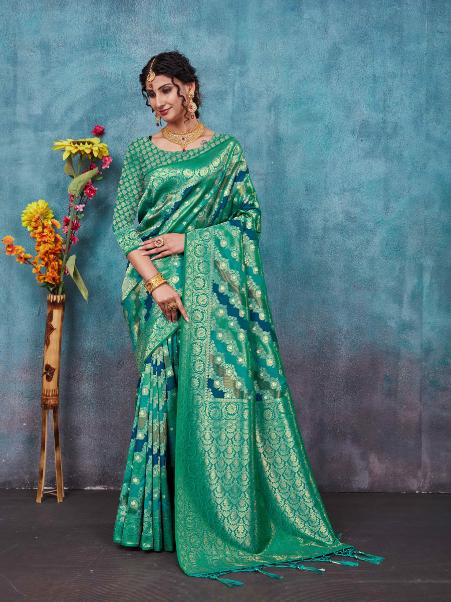 Teal Green Banarasi Silk Handwoven Wedding Festival Heavy Border Saree