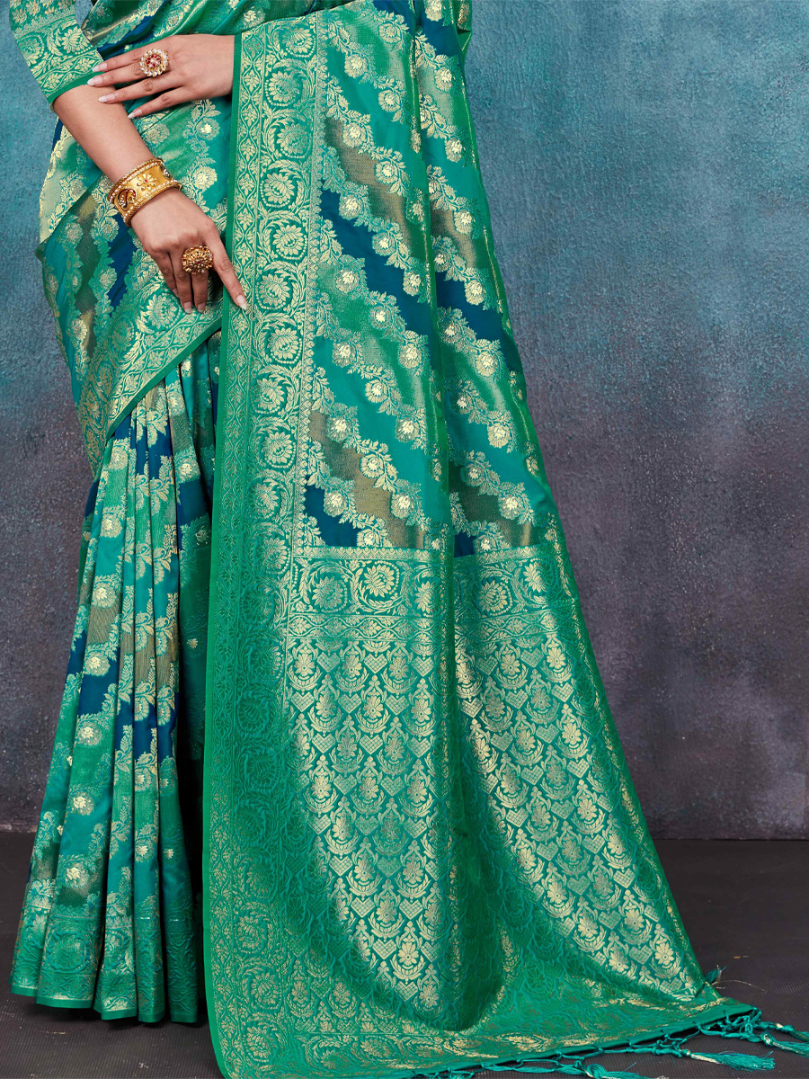 Teal Green Banarasi Silk Handwoven Wedding Festival Heavy Border Saree