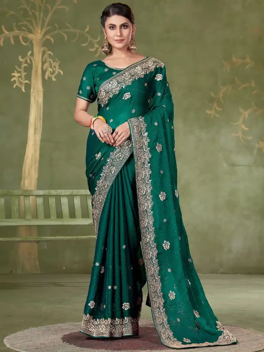 Teal Green Chiffon Embroidered Reception Party Heavy Border Saree