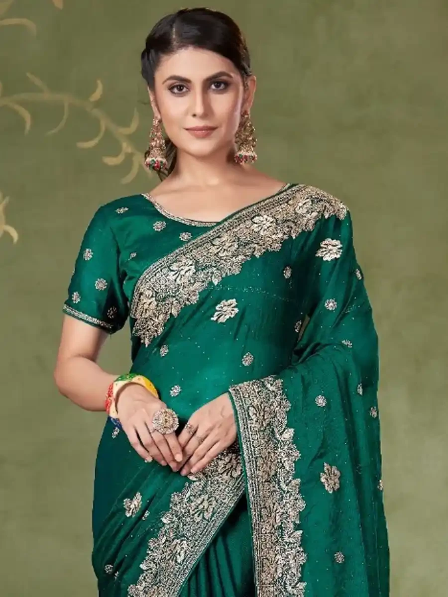 Teal Green Chiffon Embroidered Reception Party Heavy Border Saree