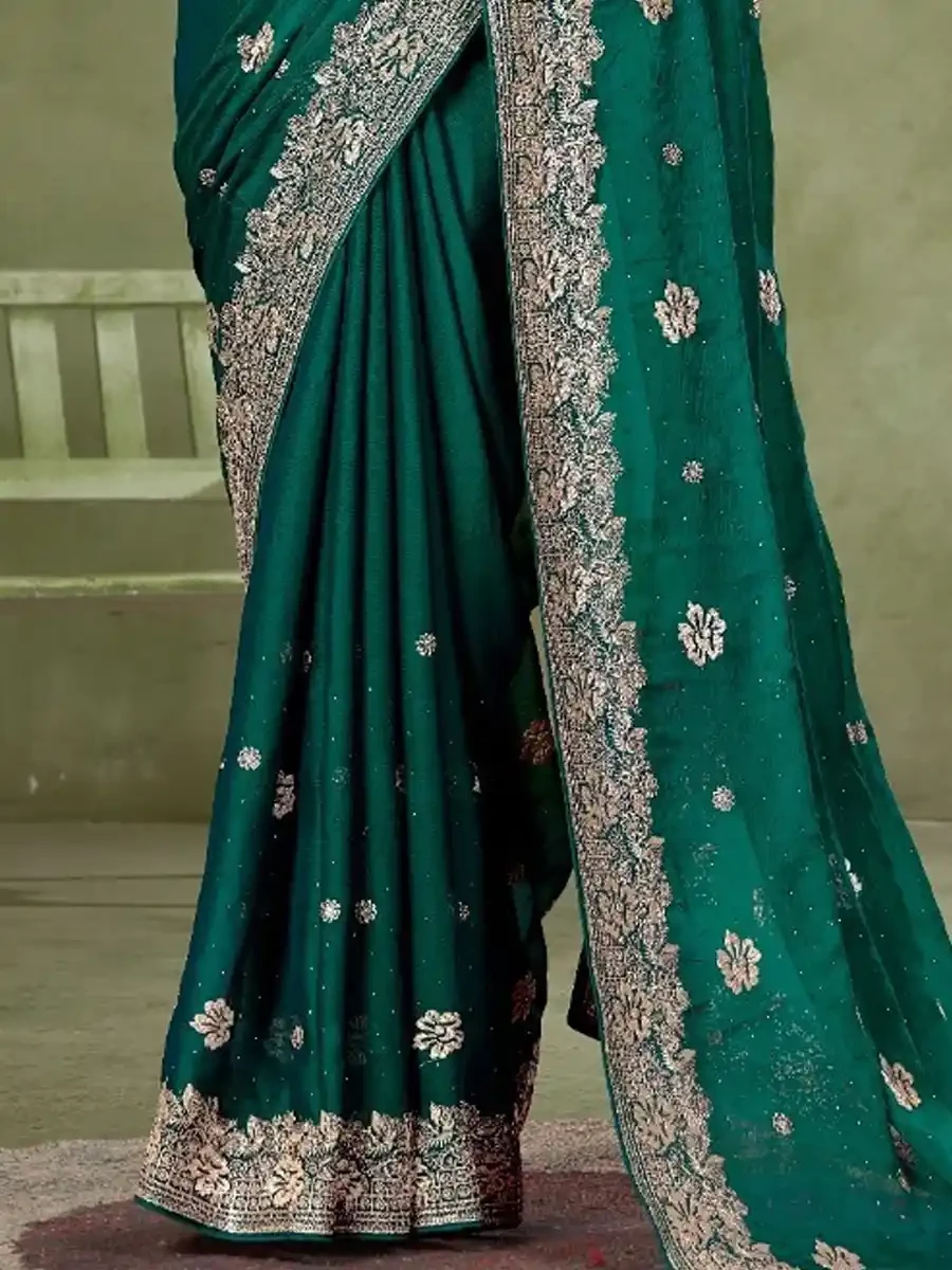 Teal Green Chiffon Embroidered Reception Party Heavy Border Saree