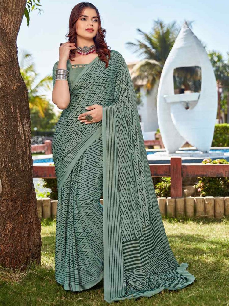 Teal Green Crepe Printed Casual Festival Contemporary Saree