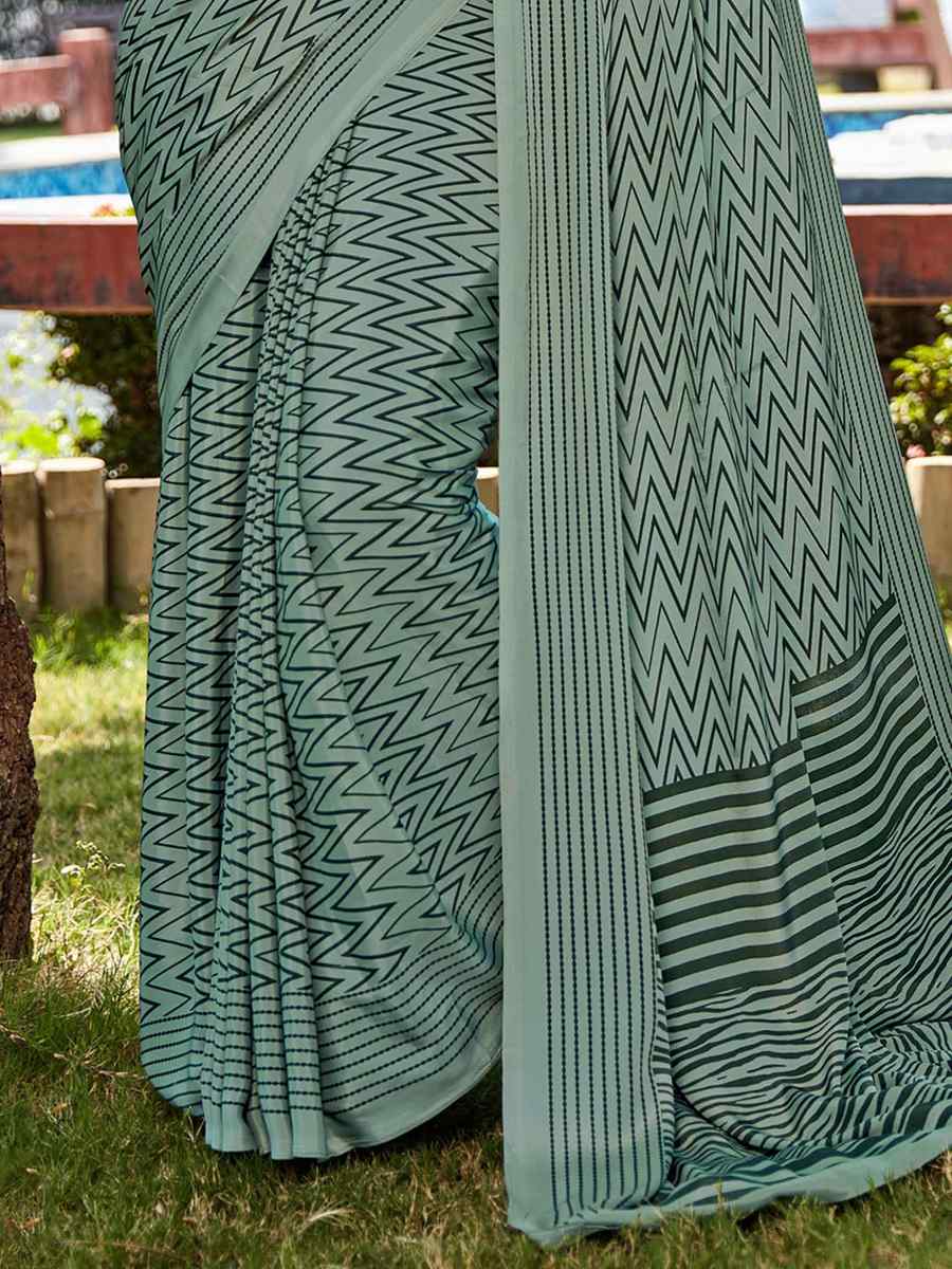 Teal Green Crepe Printed Casual Festival Contemporary Saree