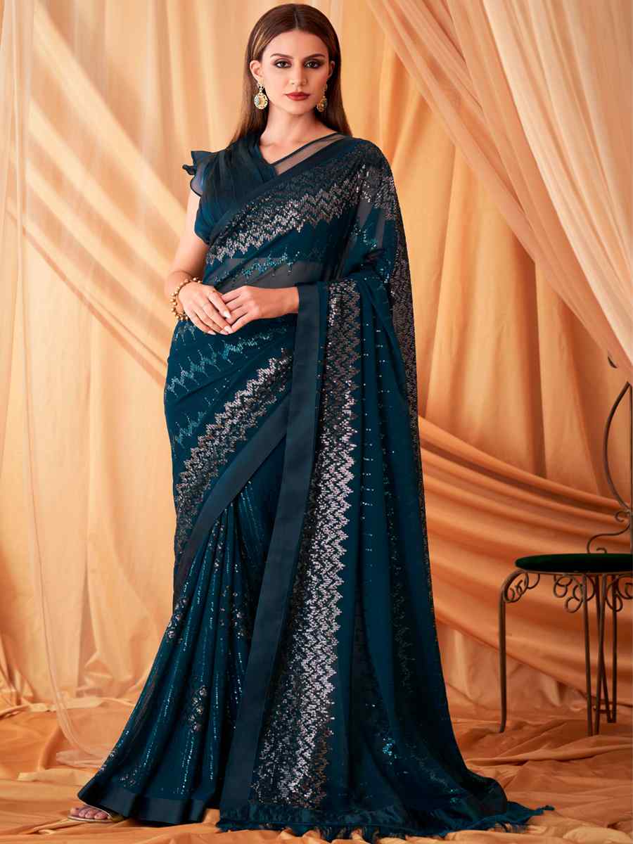 Teal Green Gergette Printed Casual Festival Contemporary Saree