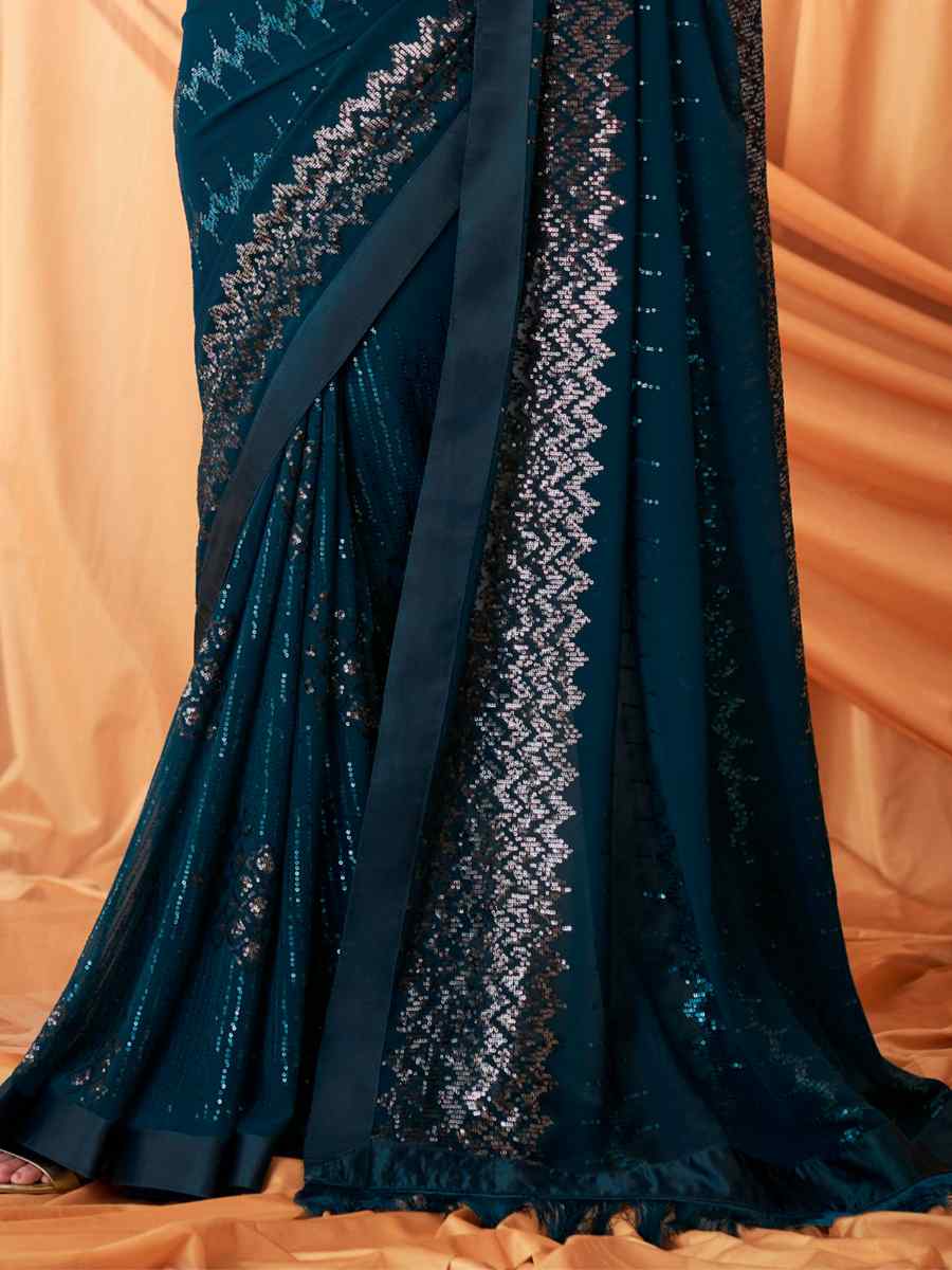 Teal Green Gergette Printed Casual Festival Contemporary Saree