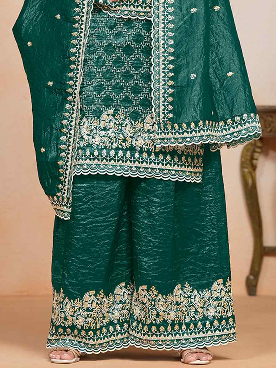 Teal Green Gold Crush Embroidered Festival Wedding Palazzo Pant Salwar Kameez