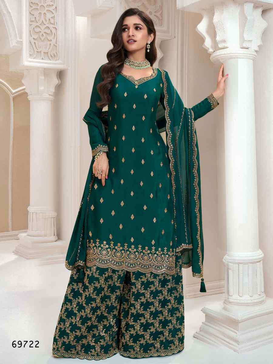 Teal Green Heavy Chinon Embroidered Festival Casual Palazzo Pant Salwar Kameez