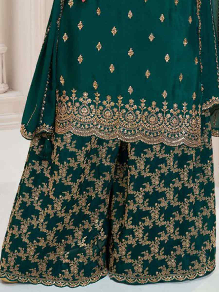 Teal Green Heavy Chinon Embroidered Festival Casual Palazzo Pant Salwar Kameez