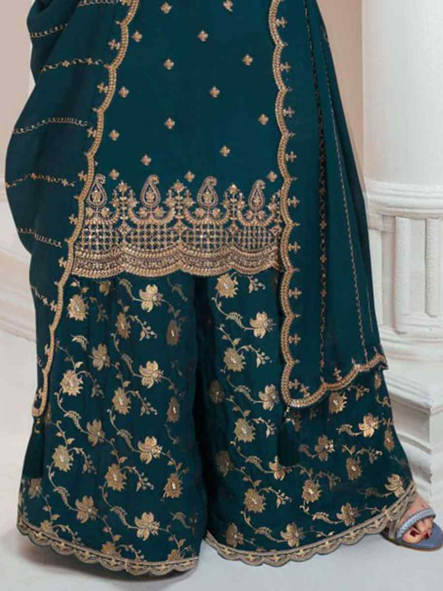 Teal Green Heavy Chinon Embroidered Festival Casual Palazzo Pant Salwar Kameez