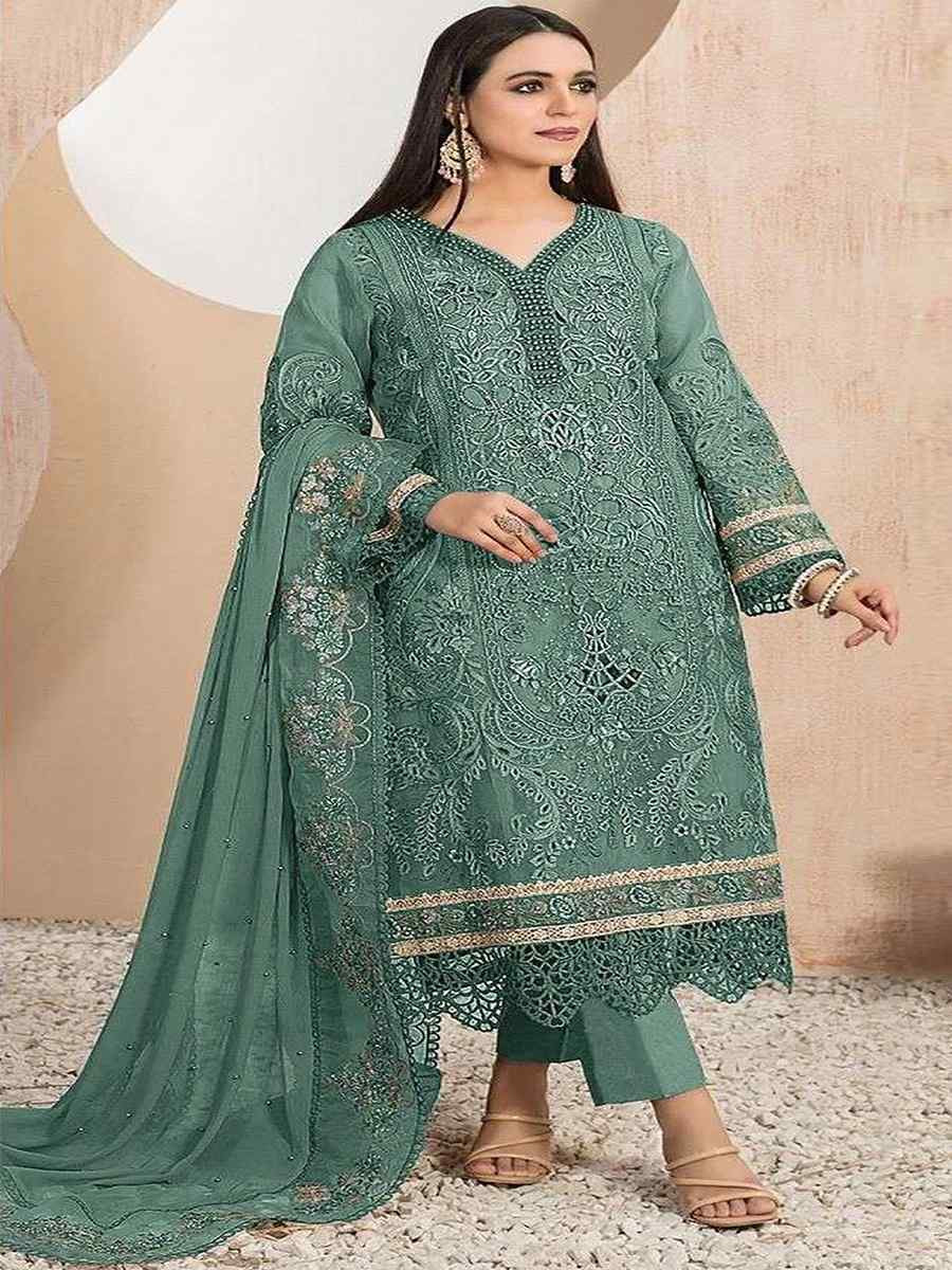 Teal Green Heavy Organza Embroidered Festival Casual Pant Salwar Kameez