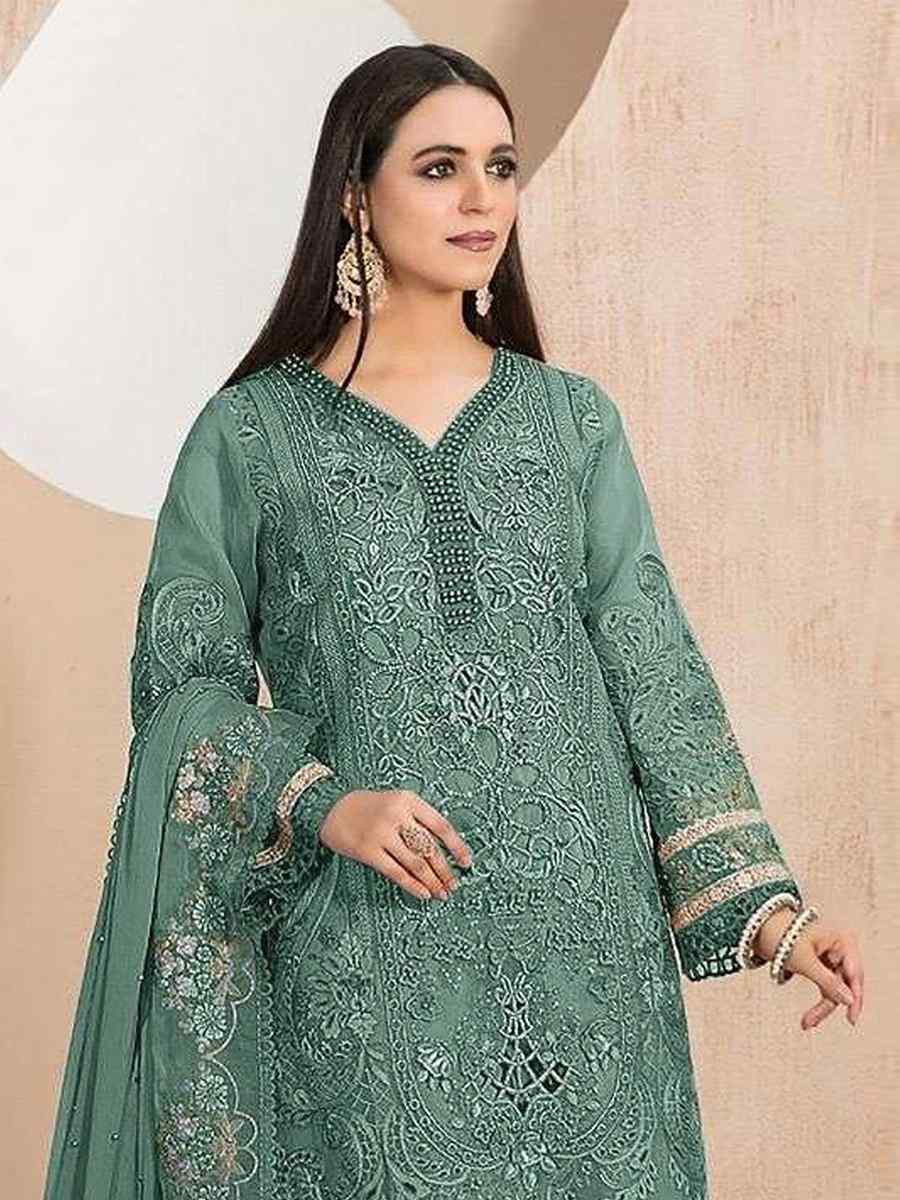 Teal Green Heavy Organza Embroidered Festival Casual Pant Salwar Kameez