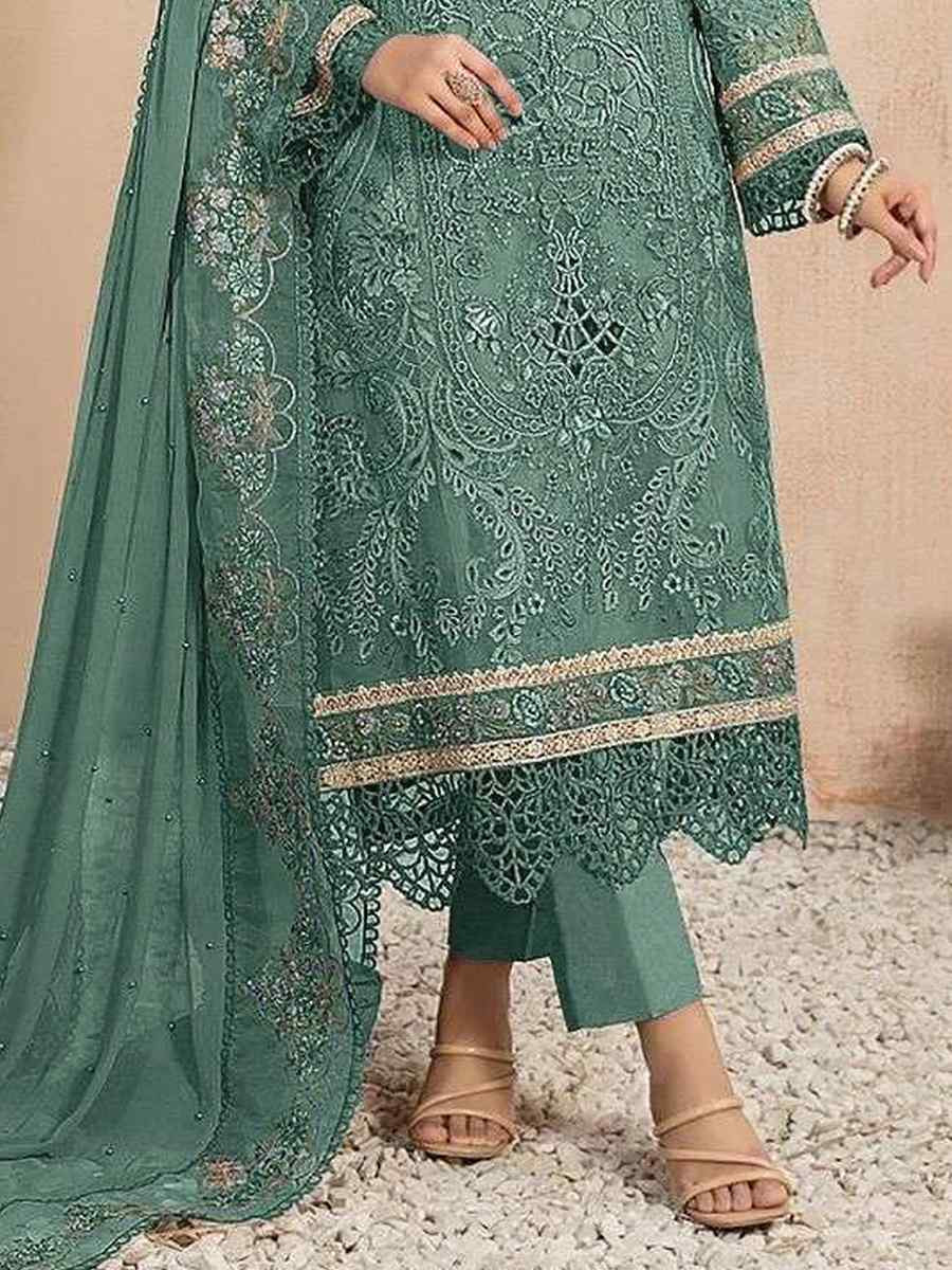 Teal Green Heavy Organza Embroidered Festival Casual Pant Salwar Kameez