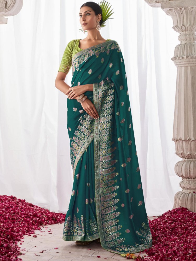 Teal Green Kora Silk Handwoven Festival Wedding Heavy Border Saree