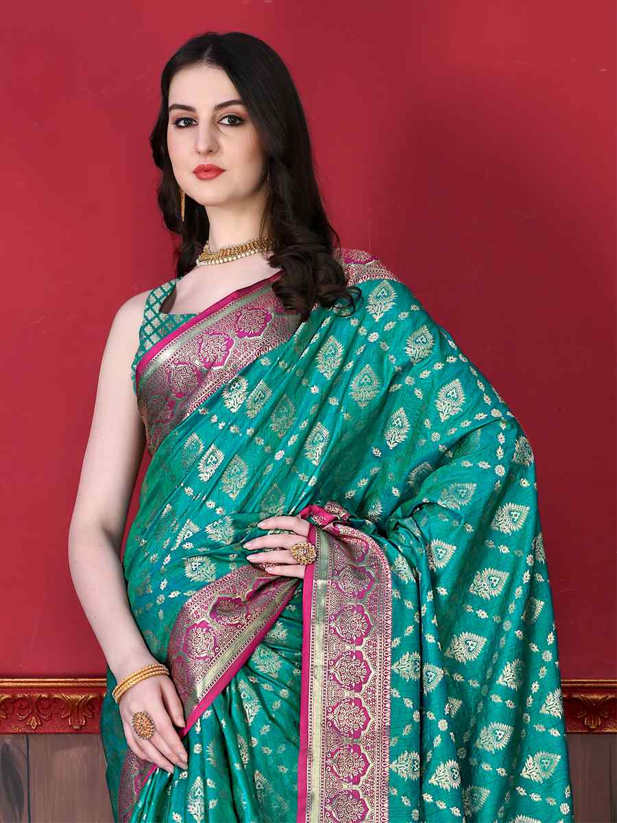 Teal Green Soft Katan Silk Handwoven Party Festival Heavy Border Saree