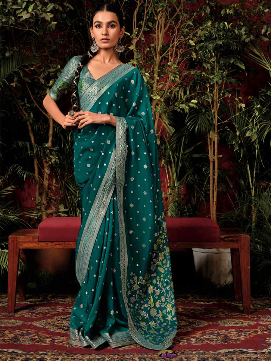 Teal Green Viscose Dola Handwoven Wedding Festival Heavy Border Saree