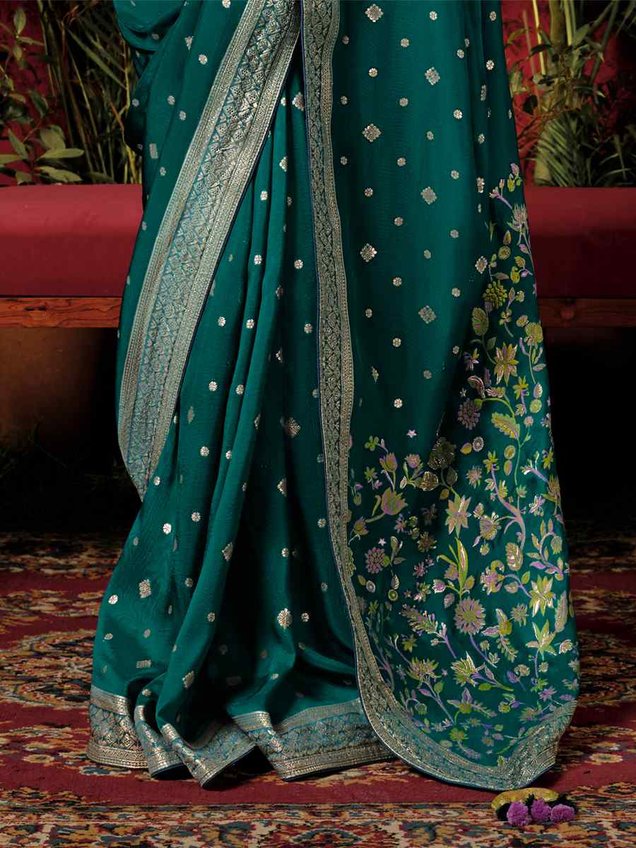 Teal Green Viscose Dola Handwoven Wedding Festival Heavy Border Saree