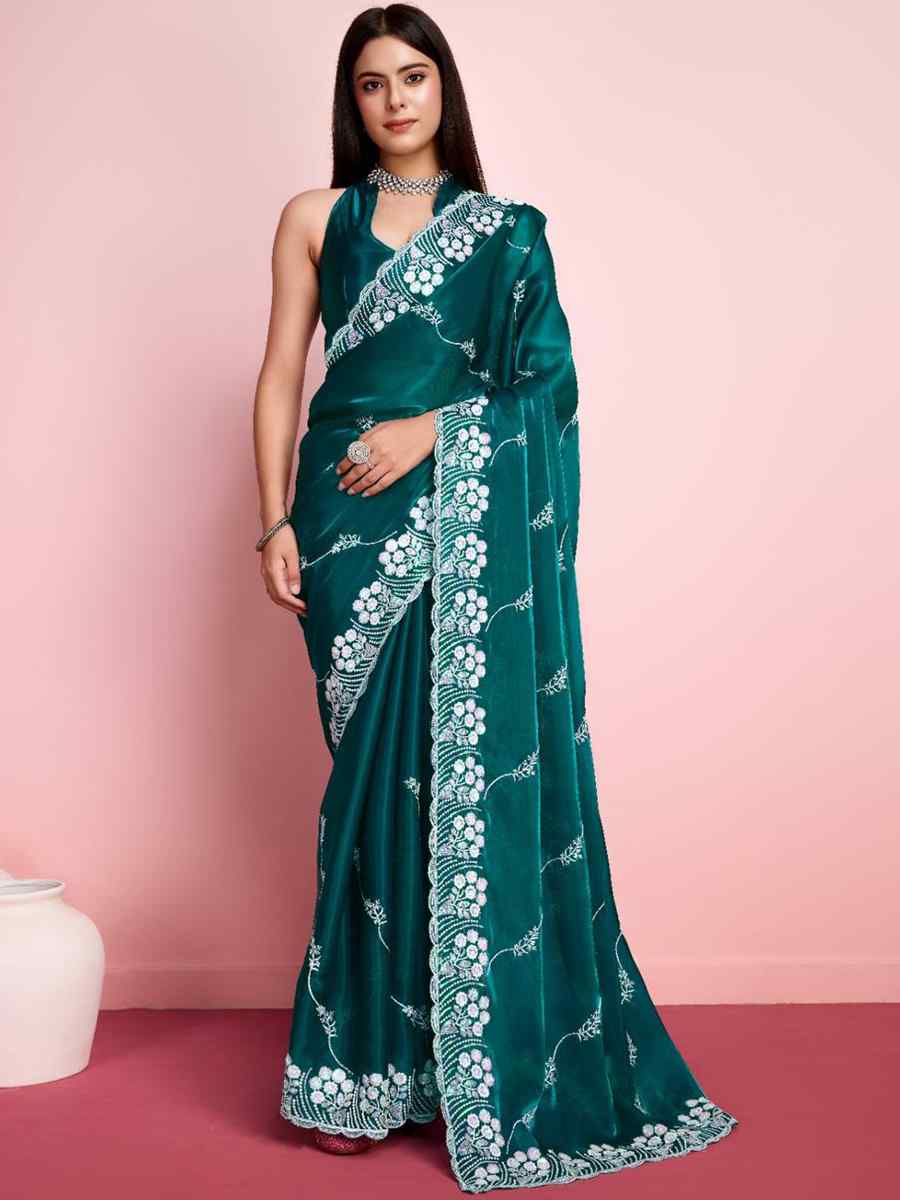 Teal Green Zimmy Chu Silk Embroidered Wedding Party Heavy Border Saree