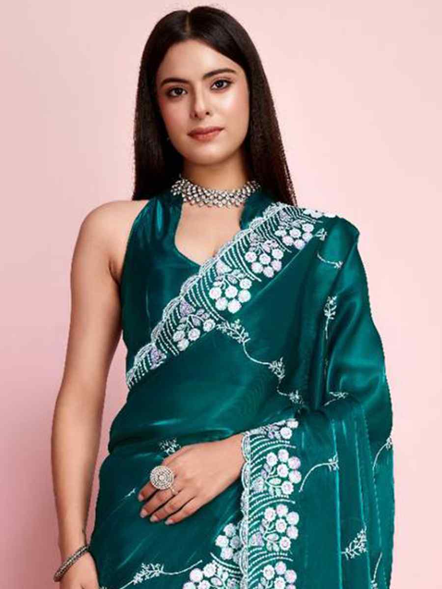 Teal Green Zimmy Chu Silk Embroidered Wedding Party Heavy Border Saree