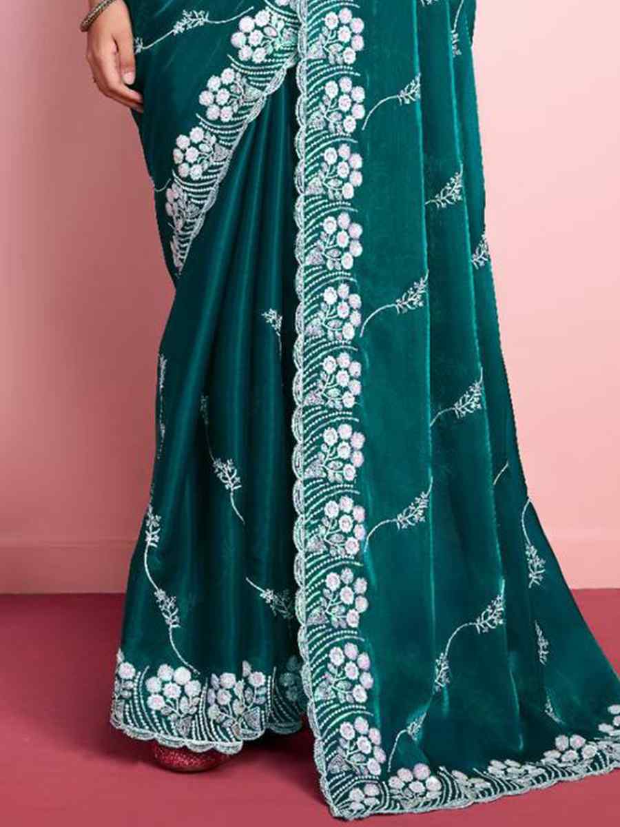 Teal Green Zimmy Chu Silk Embroidered Wedding Party Heavy Border Saree