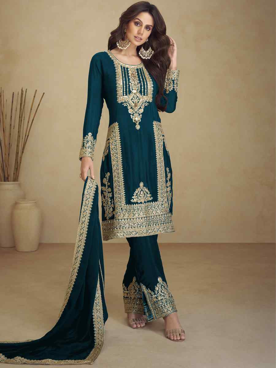 Teal Heavy Faux Georgett Embroidered Festival Wedding Pant Salwar Kameez